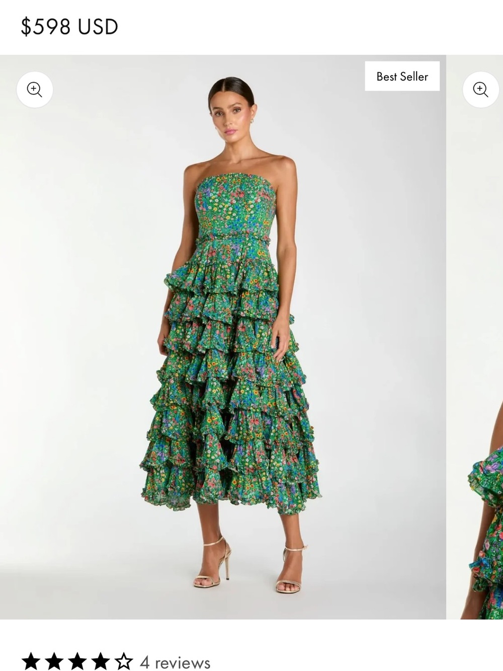 MAC DUGGAL
Green Strapless Floral Cotton Ruffle Midi Dress